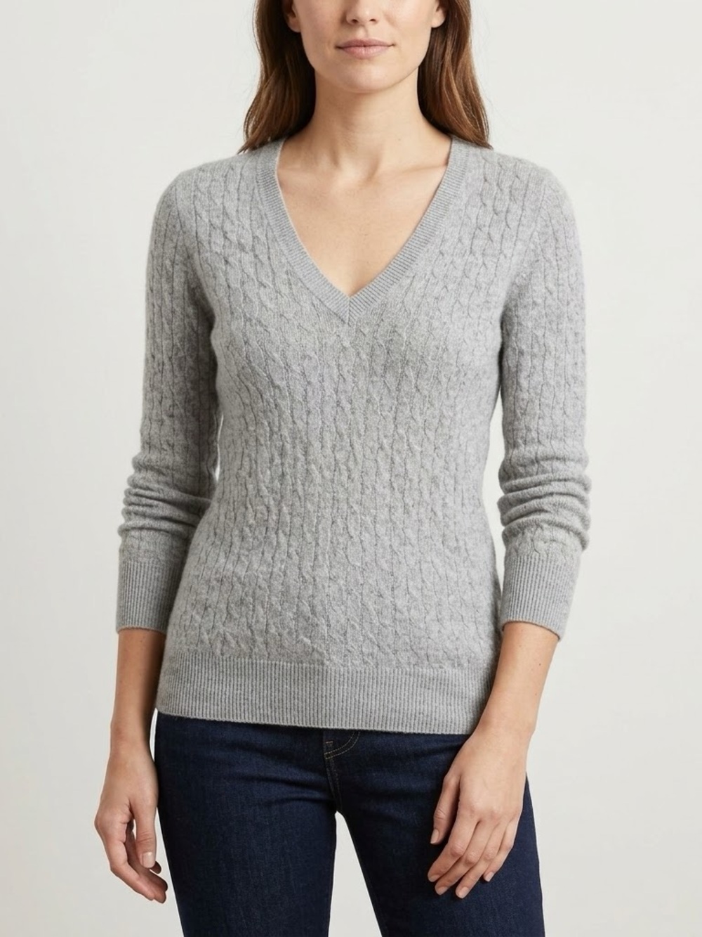 Women's V-Neck Cable Knit Sweater - Light Gray